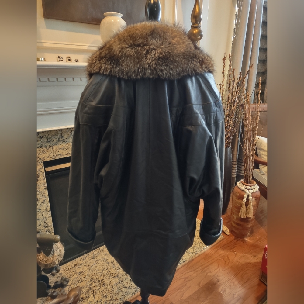 Vera Pelle Black Genuine Black Leather 3/4 Coat Fur Trim Made In Italy L - XL 14 - Picture 2 of 13